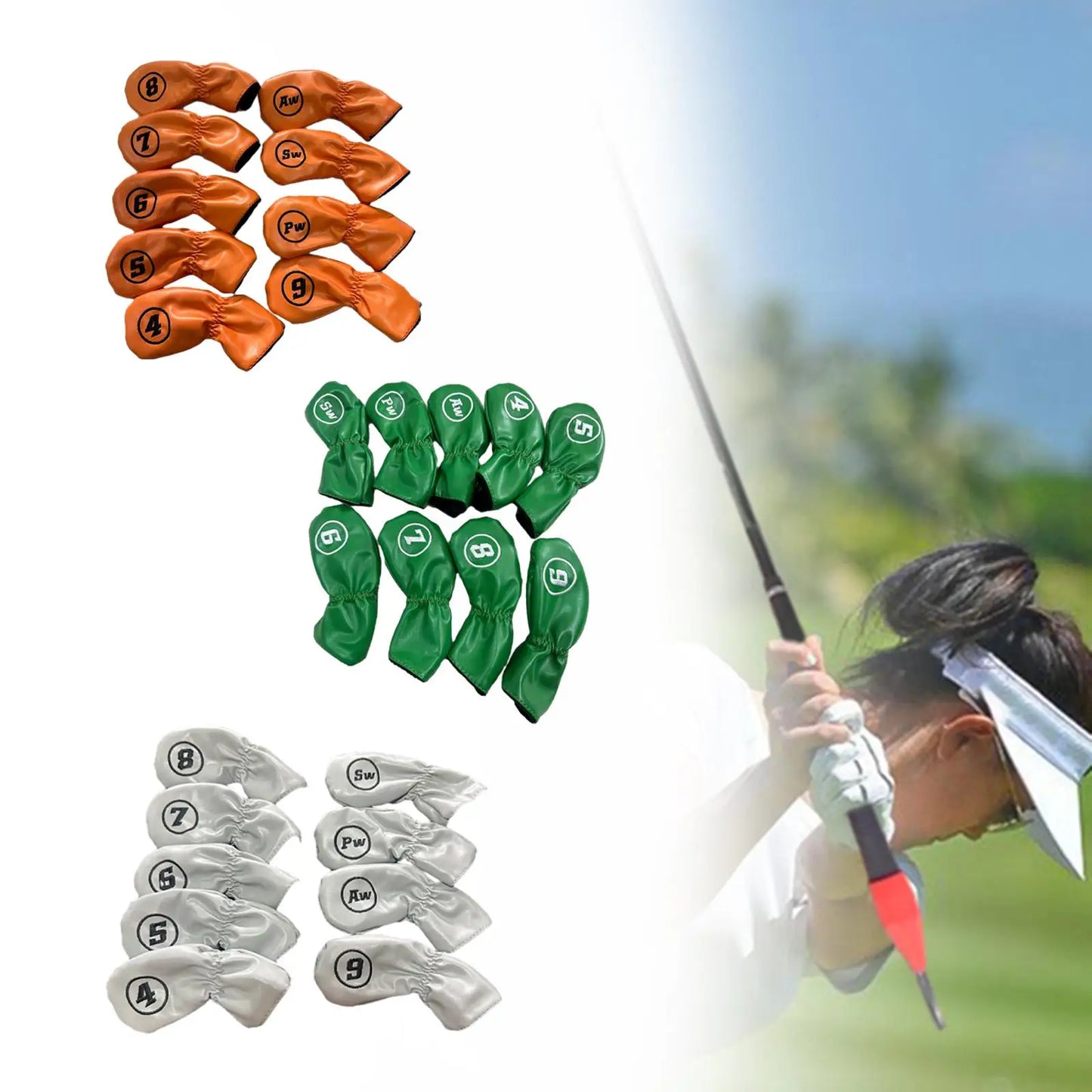 9-Piece Leather Iron Head Covers (Green/Brown/White)